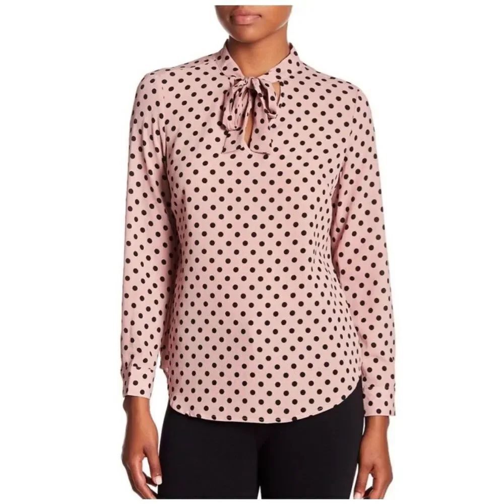 Adrianna Papell Pink & Black Polka Dot Blouse with Keyhole Tie sz L
